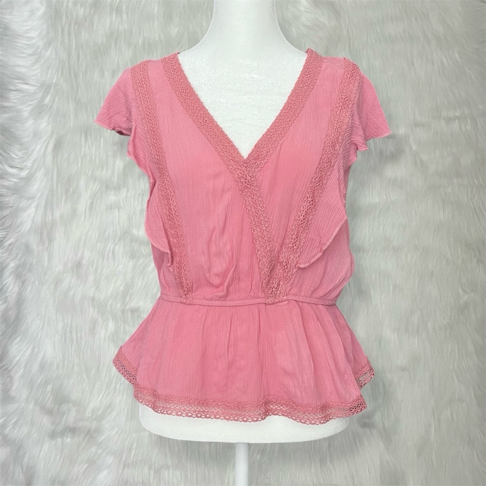 Self E Pink Lace Trim Peplum Top with Ruffle Details